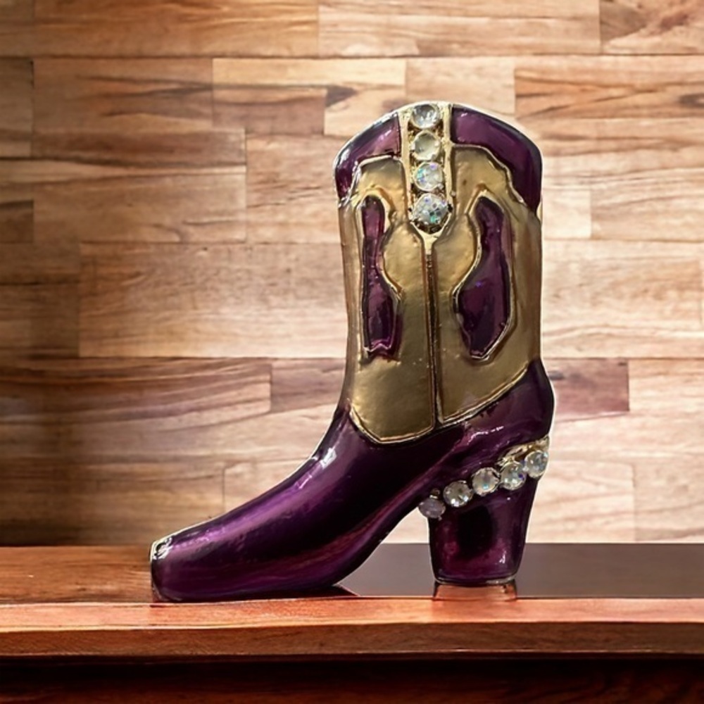 Vintage Gold Tone and Purple Enamel Cowboy Boot Brooch Pin - Rhinestone